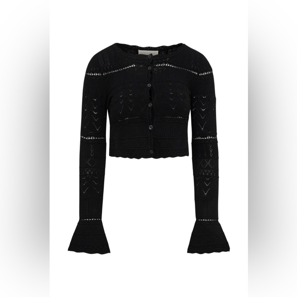 LOVESHACKFANCY MEDIA POINTELLE KNIT CARDIGAN IN BLACK, brand new, never worn. - Picture 6 of 14